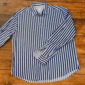 💥BUGATCHI UOMO striped blue long sleeve dress shirt Sz L/XL 100% cotton